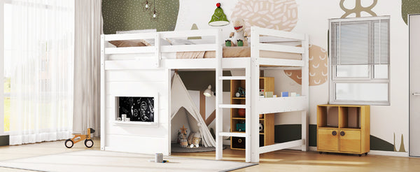 English Elm Twin Loft Bed House Frame with Sliding Chalkboard Built-in Bookshelf and Safety Rails White W1580S00319