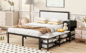 English Elm Full Metal Platform Bed With Stylish Two-Tier Storage Shelves & Cozy Upholstered Headboard, Black N737P199334B