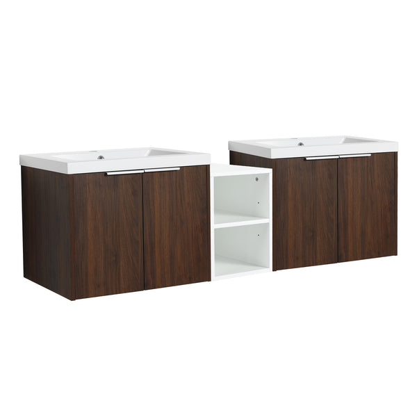 English Elm 60 Inch Wall Mounted Vanity with Dual Resin Sinks, Soft Close Doors, Metal Handles & Shelves Durable Finish California Walnut W999S00187