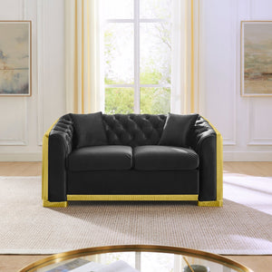 English Elm Luxury Velvet Tufted Chesterfield Loveseat with Gold Steel Trim for Living Room Black W1191S00115