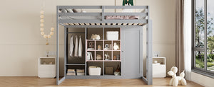 English Elm Twin Loft Bed with Wardrobe Shelves and Cabinet Kids Bedroom Wood Storage Frame Pink+Grey N708S00024E