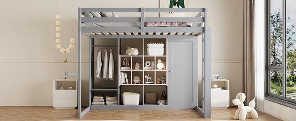 English Elm Twin Loft Bed with Wardrobe Shelves and Cabinet Kids Bedroom Wood Storage Frame Pink+Grey N708S00024E