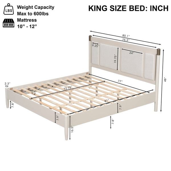 English Elm Solid Pine King Platform Bed with Upholstered Headboard and Industrial Metal Accents Grey,Light Grey N770PK361419E