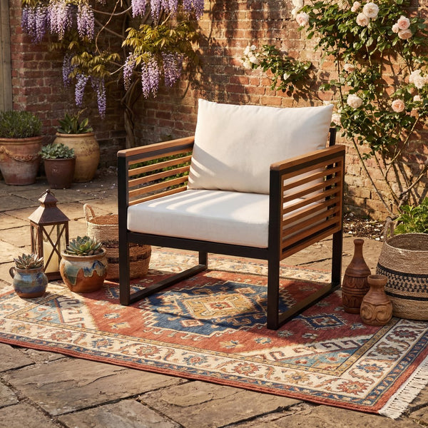 English Elm Outdoor Acacia Wood Iron Frame High Back Patio Chair with Water Repellent Cushions N757P354896B