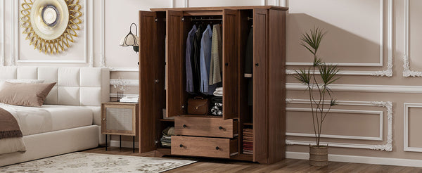 English Elm 4 Door Wardrobe Armoire Closet with 2 Drawers Rustic Pine & MDF Storage Cabinet with Shelves and Hanging Space Brown N7090001842D