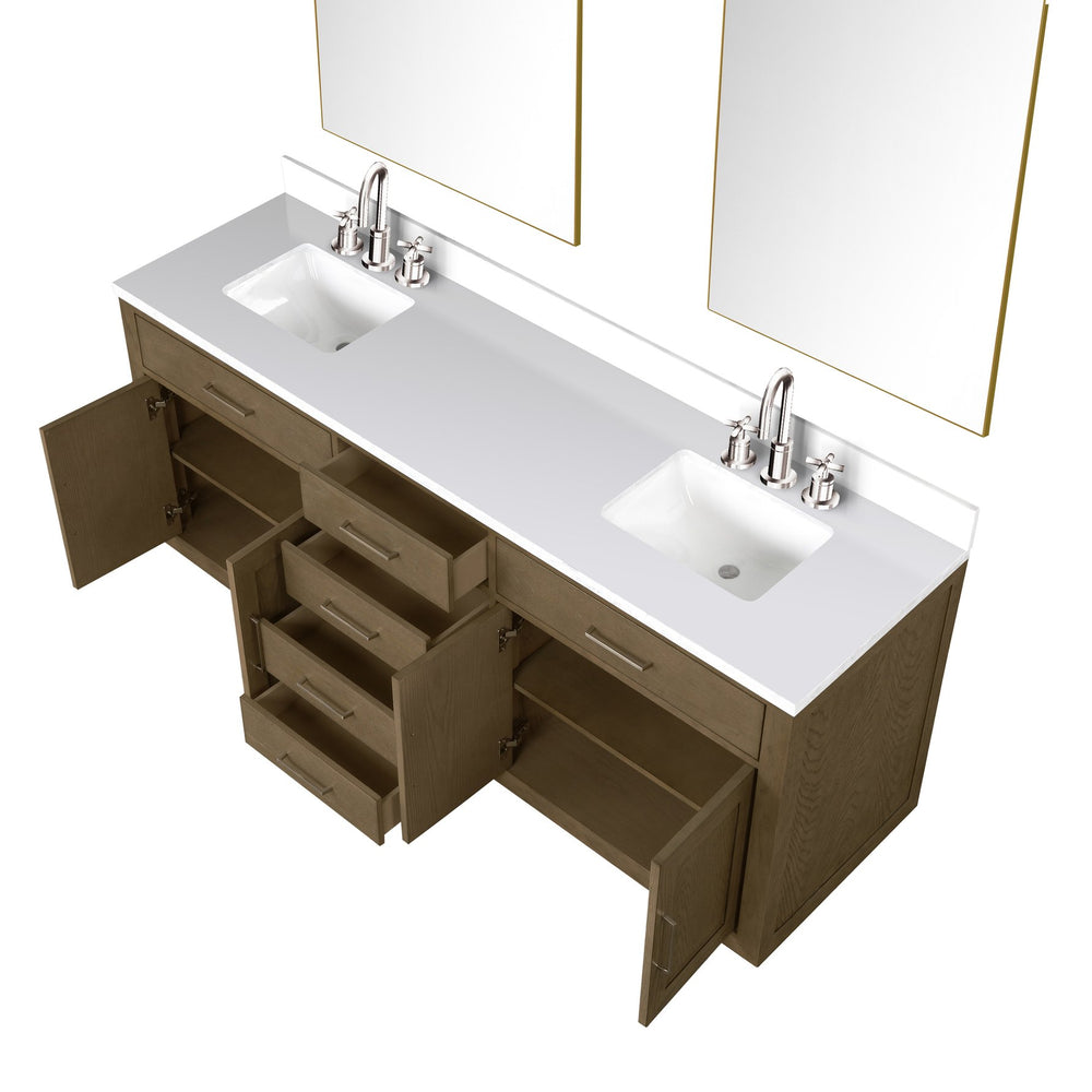 English Elm Grey Oak Double Bath Vanity Set With White Quartz Top, Faucets & Two 36” Mirrors For Modern Spaces B2731S01812