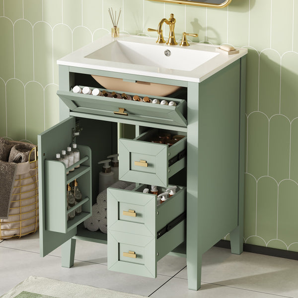 English Elm "24'' 24 Inch Glossy Freestanding Bathroom Vanity with Gold Hardware and Soft Close Storage Green Rubberwood N725P448529F