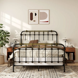 English Elm Transitional Full Metal Bed Ornate Spindle Frame with Hand-brushed Gold Accents B2741P476064