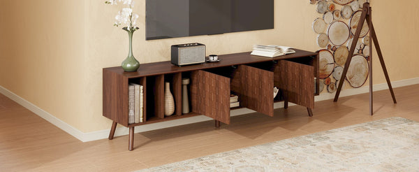 English Elm 68" Mid-century Walnut Media Console with Open Shelves and Soft-close Cabinet Storage N710P446195P