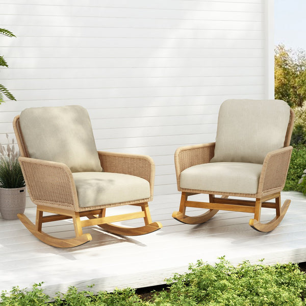 English Elm Contemporary Wicker Rocking Chair Pe Rattan Weave Wooden Frame Plush Cushions Patio Beige N767P229004N_2