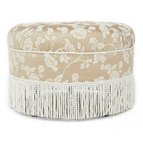 English Elm Yolanda 24" Round Upholstered Accent Ottoman, Champagne Beige Floral Jacquard With Ivory Trim