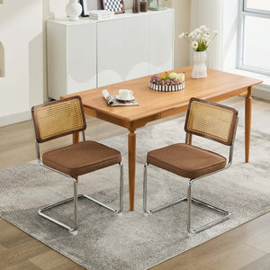 English Elm Mid Velvet Cantilever Dining Chairs Set of 2 — Mid Century Linen Upholstered Rattan Back, Chrome Base, DurableComfort Coffee W1143P342097