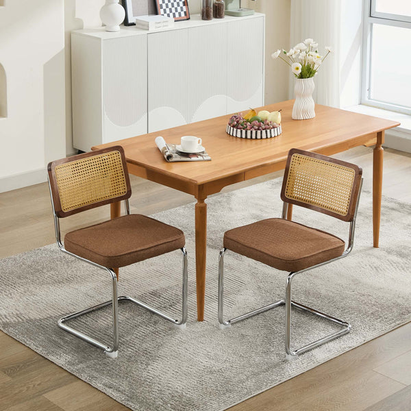 English Elm Mid Velvet Cantilever Dining Chairs Set of 2 — Mid Century Linen Upholstered Rattan Back, Chrome Base, DurableComfort Coffee W1143P342097