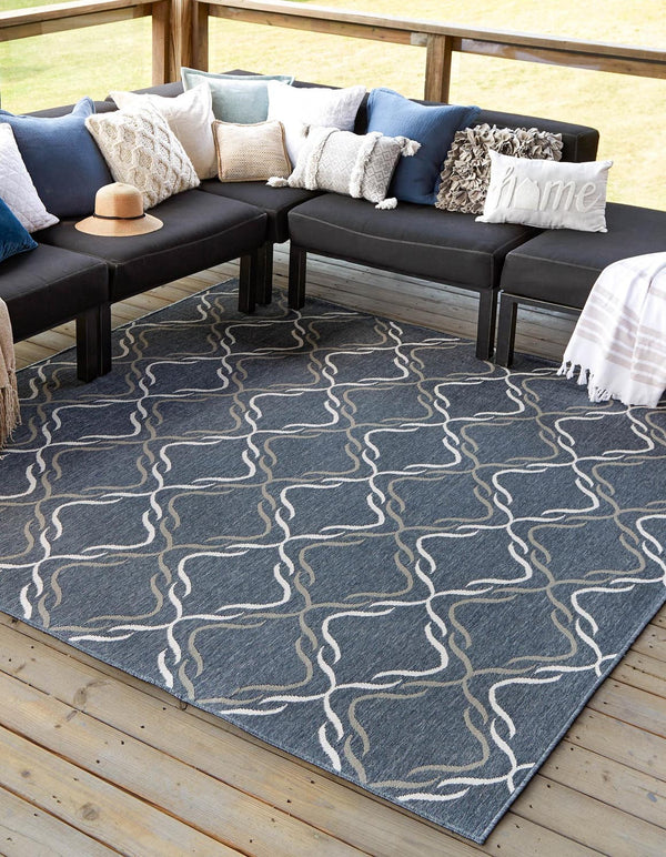 Unique Loom Outdoor Trellis Parmaklik Machine Made Lattice Rug Navy Blue, Ivory/Gray 7' 10" x 7' 10"
