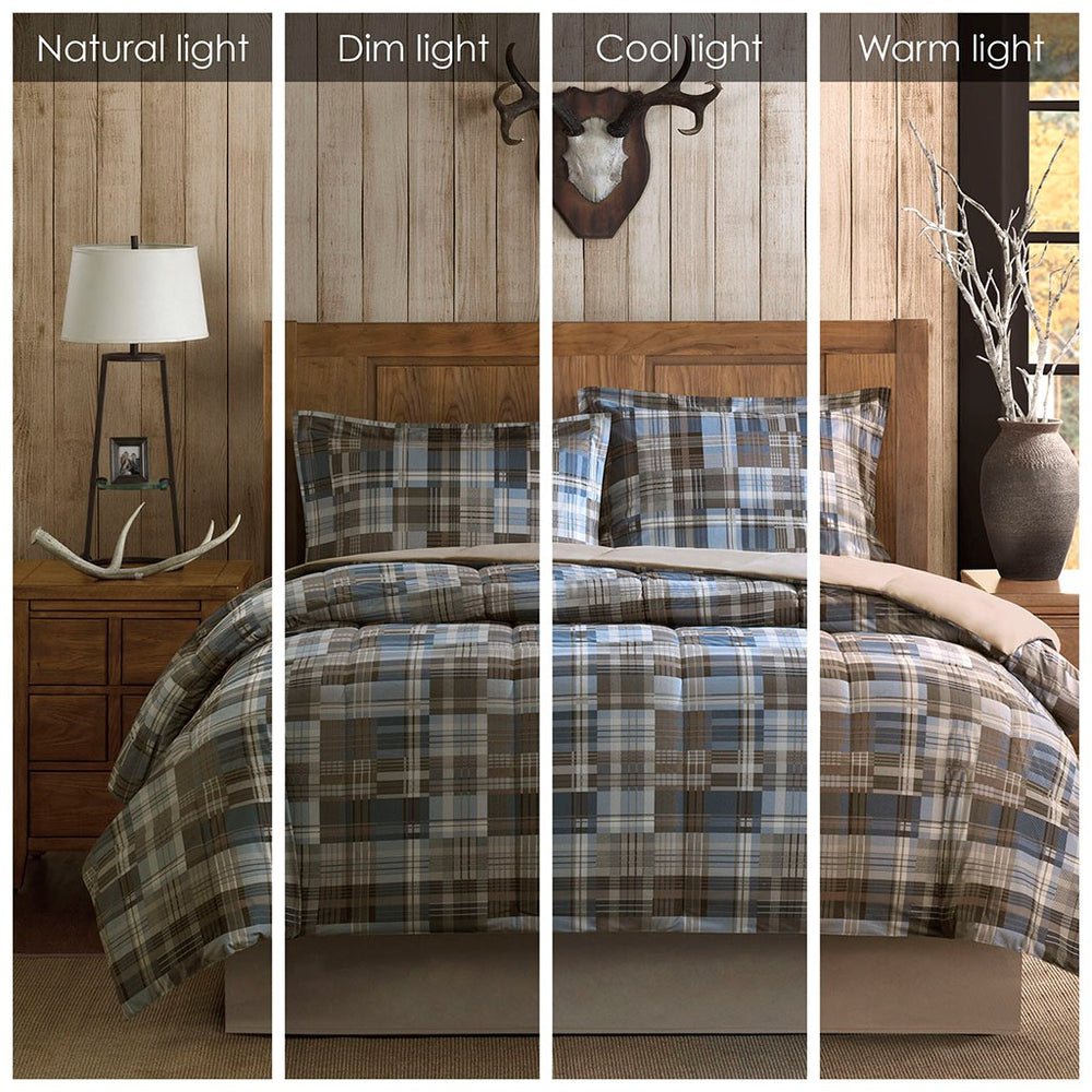 English Elm Twin White River Down Alternative Comforter Mini Set in Blue Brown Plaid – Cozy Softspun, OEKO‑TEX Certified, Machine Washable, Box-Quilted Comfort B035100458