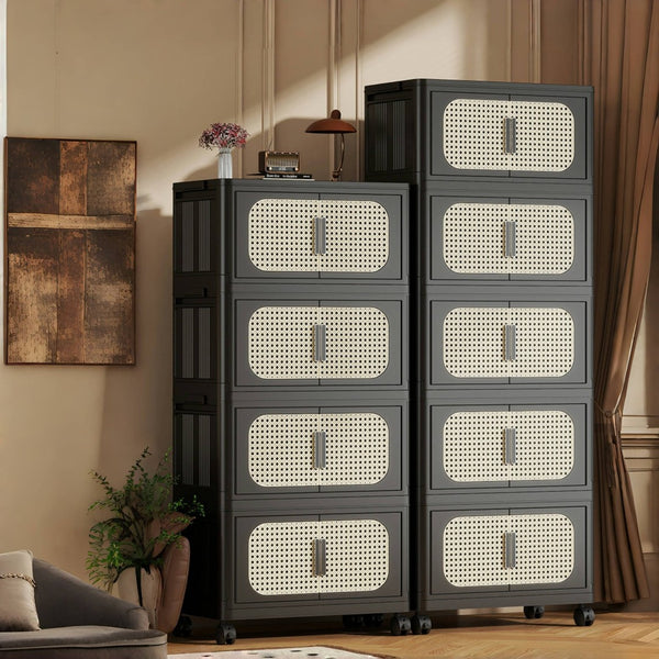 English Elm Retro Folding Storage Cabinet With 4 Tiers, Magnetic Door & Wheels - Space-Saving Organizer For Home W2873P366355-GIGA