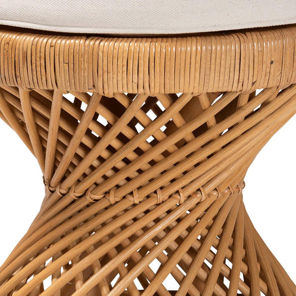 English Elm Bohemian Rattan Footstool with Hourglass Base Open Weave and Cushioned Seat B2750P420411