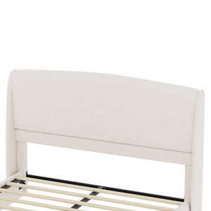 English Elm Upholstered Queen Platform Bed Curved Wingback Linen Headboard Modern Bedroom Frame Beige N733S439498A