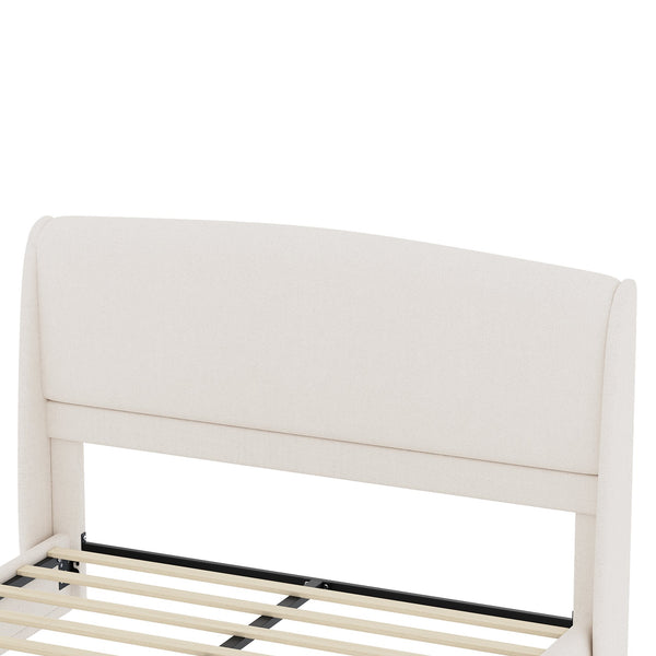 English Elm Upholstered Queen Platform Bed Curved Wingback Linen Headboard Modern Bedroom Frame Beige N733S439498A
