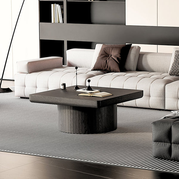 English Elm Modern Parquet Wood Nesting Coffee Tables Sculptural Fluted Pedestal Living Room Set Black W1435S00031