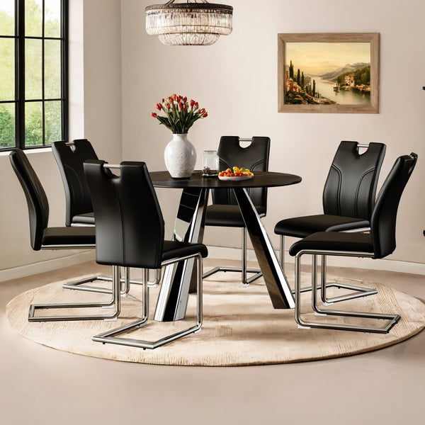 English Elm Table Set: Modern 7-Piece Dining Ensemble With 42-Inch Round Sintered Stone Top & 6 Ergonomic Chairs W2920S00018-GIGA