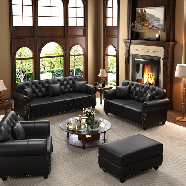 English Elm Upholstered Faux Leather Chesterfield Sofa Button Tufted with Nailhead and Six Pillows Black W1885S00432