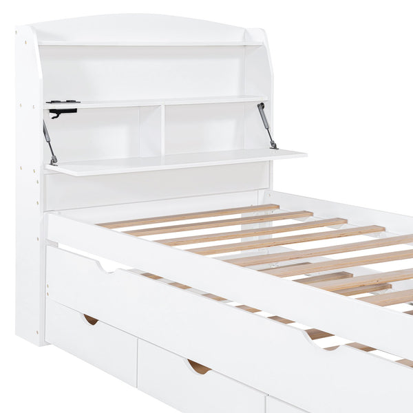 English Elm Twin LED Platform Bed with Trundle and Under-Storage Drawers, Flip-Up Headboard, USB Ports White N820S10008K