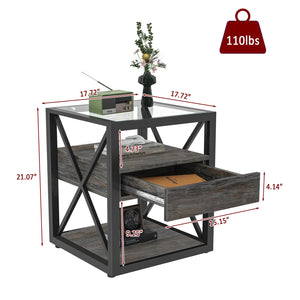 English Elm 1 Modern End Table With Drawer - Industrial Rustic Wood & Glass Nightstand, Compact Storage Solution W241P246916