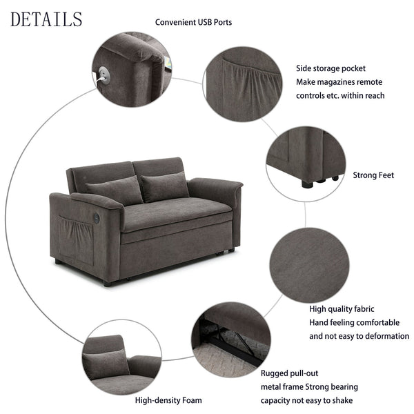 English Elm 55" Velvet Two Seater Pull Out Sofa Bed with USB Ports, Side Pockets, Adjustable Backrest, Compact Lounger DARK GREY W2677P288323