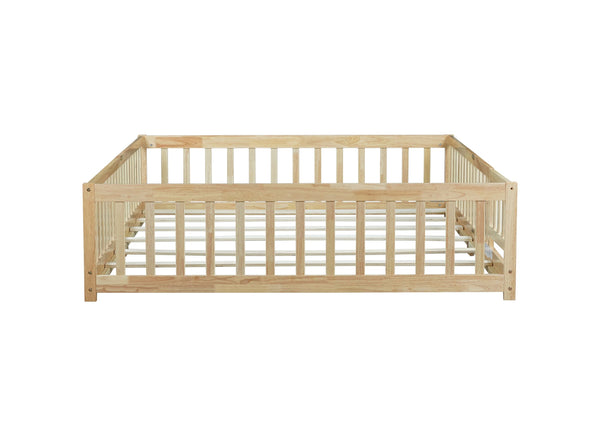 English Elm Queen Rubberwood Floor Bed with Perimeter Fence and Latch Door for Toddler Safety W504P370525