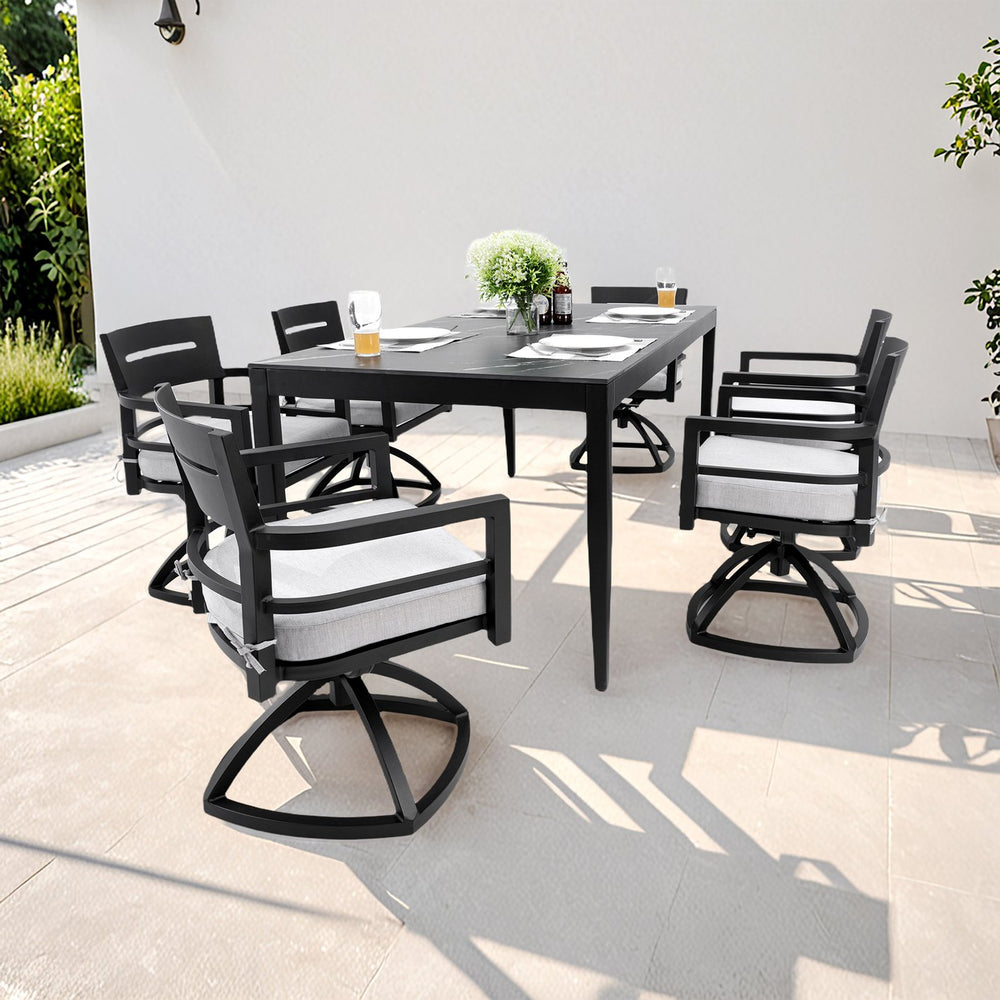 English Elm Modern 7-Piece Outdoor Aluminum Dining Set With Swivel Rockers & Elegant Sintered Stone Tabletop W1886S00019