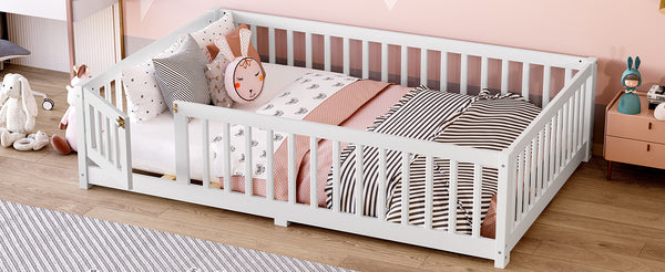 English Elm Full Floor Bed with Safety Guardrails and Play Door for Kids, Low Profile Pine Frame, 550lb Capacity White W1580P338950