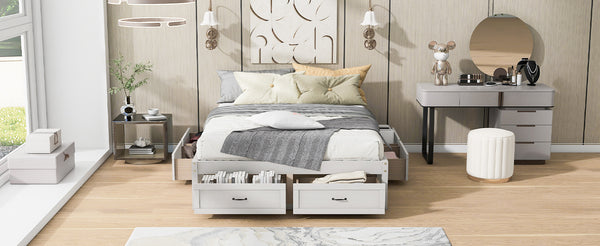 English Elm Queen Platform Bed with Six Storage Drawers Low Profile Frame for Modern Bedrooms Antique White N708P263022K-1