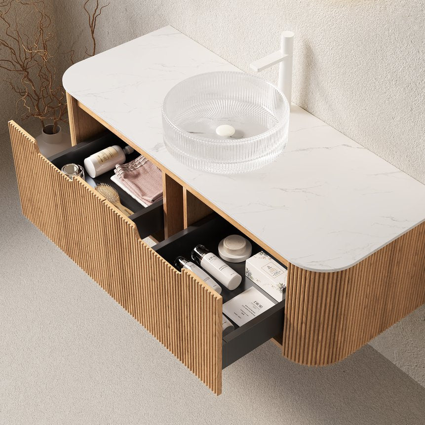 English Elm Dina Floating Bathroom Vanity with Crystal Glass Basin and Sintered Stone Top Aged Blue,Carrara White,Natural Wood,Transparent W2615S00238