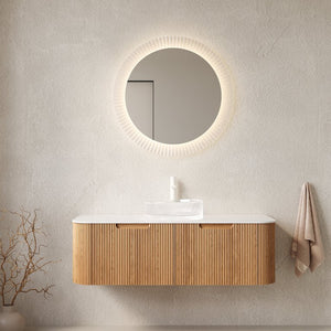 English Elm Dina Floating Bathroom Vanity with Crystal Glass Basin and Sintered Stone Top Aged Blue,Carrara White,Natural Wood,Transparent W2615S00238