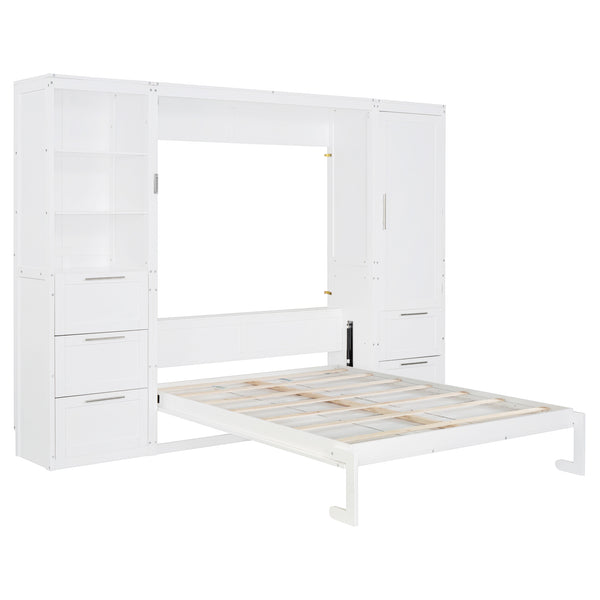 English Elm Queen Murphy Wall Bed with Wardrobe Drawers and Shelves for Studio or Guest Room White LP000865AAK-2