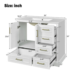 English Elm 36" Traditional Bathroom Vanity with Ceramic Sink, Solid Wood Cabinet, Soft-Close Doors & Drawers White N729P251630K
