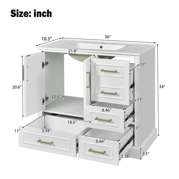 English Elm 36" Traditional Bathroom Vanity with Ceramic Sink, Solid Wood Cabinet, Soft-Close Doors & Drawers White N729P251630K