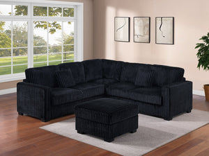 English Elm Black Jumbo Corduroy L-shaped Sectional Set with Ottoman for Modern Living Rooms B011S02202
