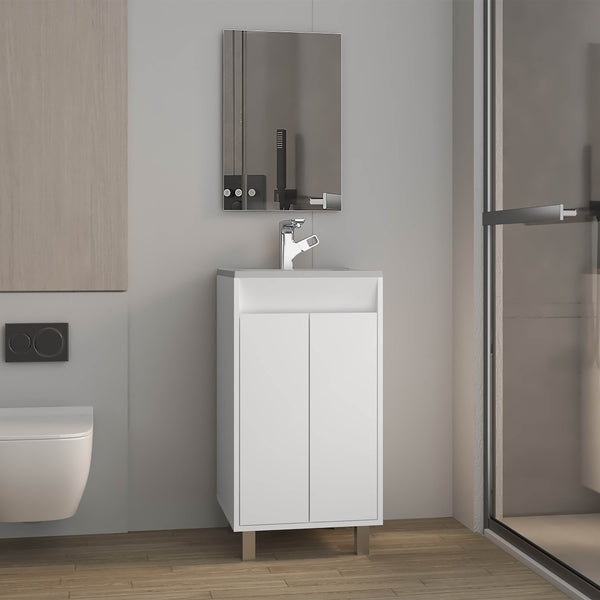 English Elm Bathroom Compact vanity cabinet with sink and mirror, 2-door storage, 2 shelves, 4 legs, engineered durability White 37.01 L x 22.05 W x 12.2 H B097P350300
