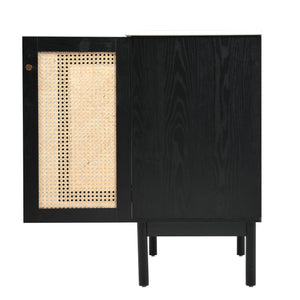 English Elm 30-inch bathroom vanity with handwoven rattan doors, ceramic sink, soft-close hinges, black bamboo elegance N729P285517B