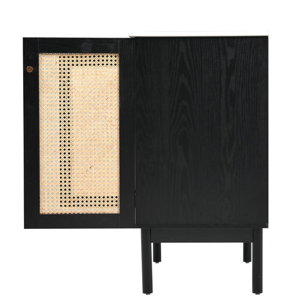 English Elm 30-inch bathroom vanity with handwoven rattan doors, ceramic sink, soft-close hinges, black bamboo elegance N729P285517B