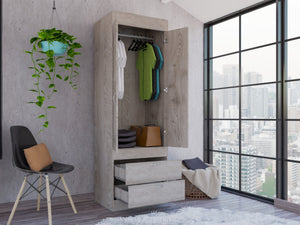 English Elm Armoire, Light Gray Double-Door Cabinet with Hanging Rod, Two Drawers, Compact FSC-Certified Storage B097P199731