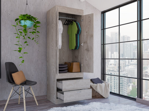 English Elm Armoire, Light Gray Double-Door Cabinet with Hanging Rod, Two Drawers, Compact FSC-Certified Storage B097P199731