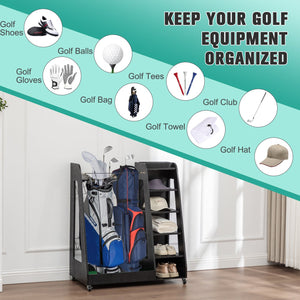 English Elm Golf Bag Storage Rack Wooden 2 Bag Organizer with Shoe Shelf for Garage Basement Black W1422P296350