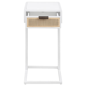 English Elm Kenneth White C-shaped Sofa Side Table with Rattan Weave Drawer for Living Rooms B062P440088