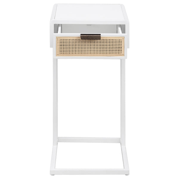 English Elm Kenneth White C-shaped Sofa Side Table with Rattan Weave Drawer for Living Rooms B062P440088