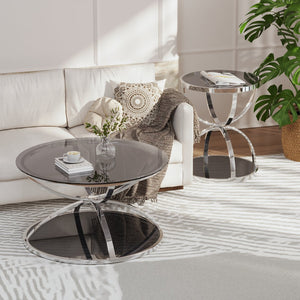 English Elm Modern Chrome Ring Frame Round Glass Coffee Table Set Two Tiers for Living Room W757S00056