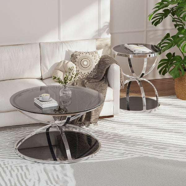 English Elm Modern Chrome Ring Frame Round Glass Coffee Table Set Two Tiers for Living Room W757S00056