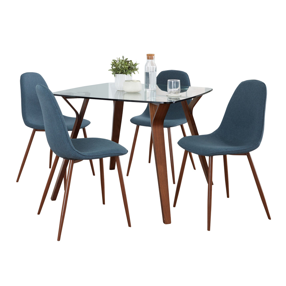 English Elm Dining Set with Tempered Glass Top Walnut Metal Legs and Blue Upholstered Seating B202S01426